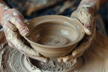 Fototapeta premium Generative AI photo craftsman shaping clay pot on spinning wheel in pottery studio surrounded by ceramic pieces