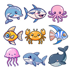 Fototapeta premium PNG cute aquatic animal cartoon element set, transparent background