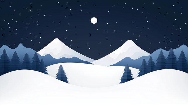 winter enviroment, slopes, nature, moutains, Swiss, flat design, reduced design, flat style, night time, stars, colors dark blue, white and silver.