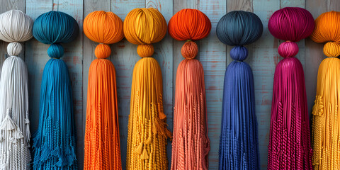 a row of colorful tassels hanging on a wooden wall. There are six tasseled balls of yarn in different colors - blue, orange, yellow, pink, purple, and white. 