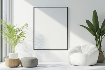 Modern bright interior with empty frame . 3D rendering .generative ai