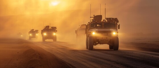 A convoy of military vehicles on a dusty road under a setting sun, creating a golden, dreamy atmosphere. Mountains in the distance add to the scene's majesty.