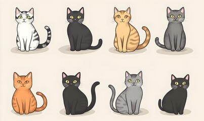 Collection of Diverse Cartoon Style Feline Characters in Mellow Pastel Abstract Expressionism