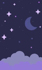 Fototapeta premium A night sky with a crescent moon, fluffy clouds, and bright stars