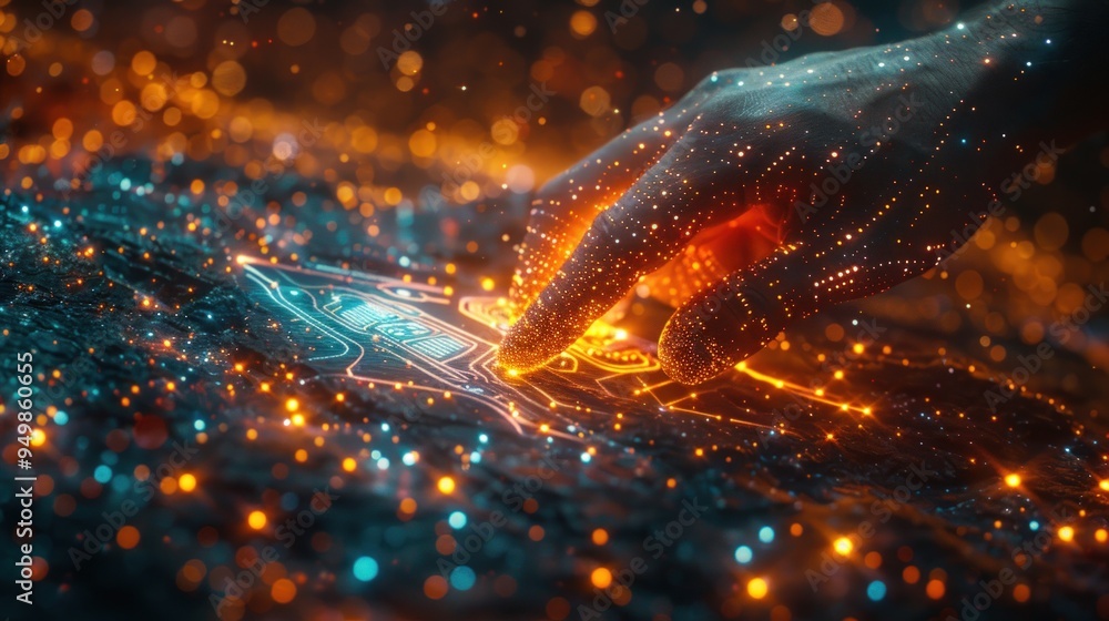 Poster a close-up view of a hand reaching towards a glowing circuit board with a futuristic design.