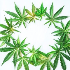 Lush beautiful cannabis leaves placed in the center of the image, white background