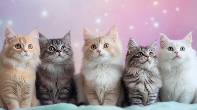 Diverse Feline Companions Enveloped in Soothing Celestial Ambiance for Magazine Spread