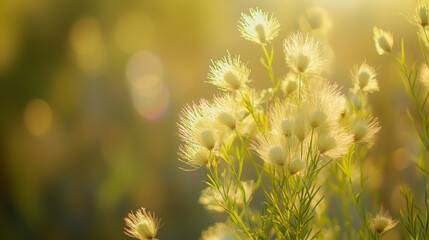Obraz premium Sunlit wildflowers with delicate white fuzz, illuminated by warm light, creating a dreamy nature scene.