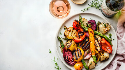 Grilled vegetables on a plate with a rose wine glass, against a white background,