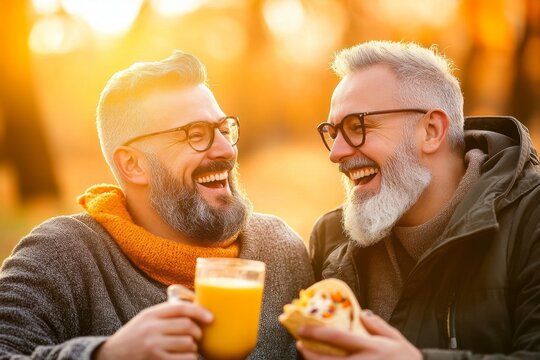 At sundown, biracial gay males picnicking on a promenade by the sea