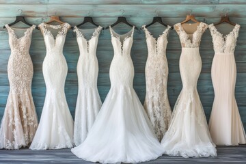 Elegant bridal gowns on display rustic blue wall