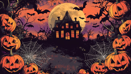 Fototapeta premium Halloween Spooky House with Jack-o'-lanterns and Bats