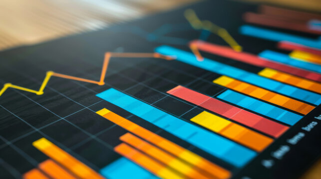 Colorful bar chart displaying fluctuating data trends on a wooden table