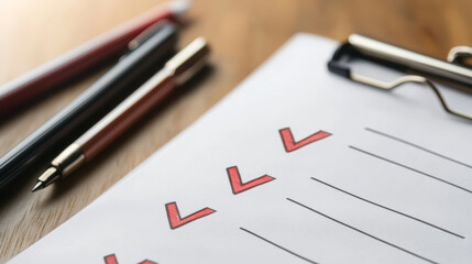 completed checklist on clipboard with red checkmarks and pens for task organization