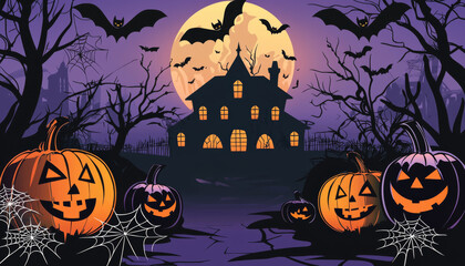 Fototapeta premium Haunted Mansion, Jack-o'-Lanterns, and Bats Under a Full Moon