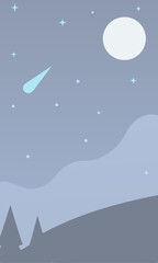 A cartoon of a night sky featuring a comet and a full moon