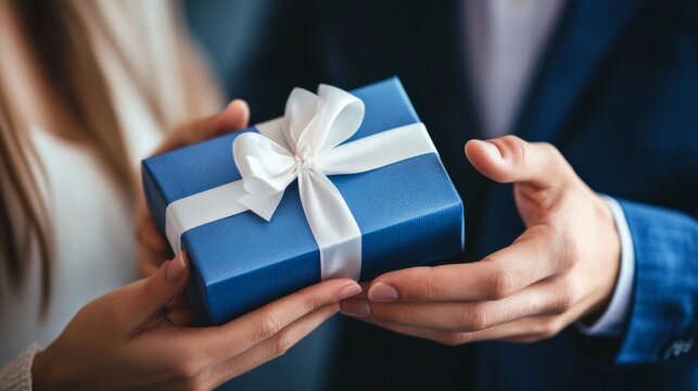 Photograph of a cropped anonymous couple holding a small gift box wrapped in white ribbon over a blurred background - Powered by Adobe