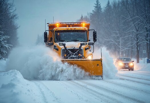 Snowplow truck clearing snow-covered road during winter, ensuring safe driving and transportation in challenging snow conditions