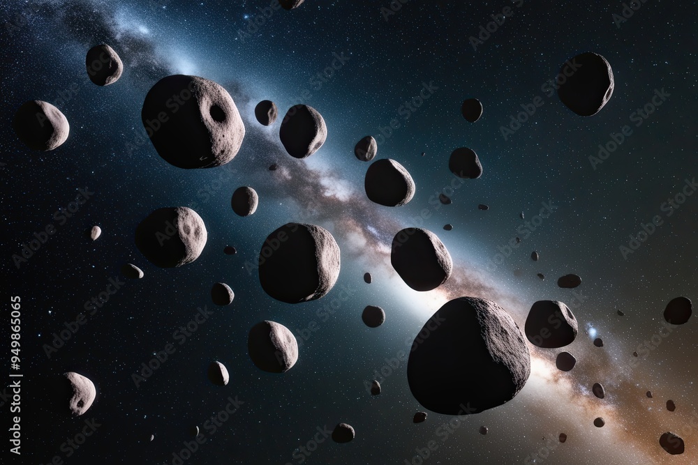 Poster celestial asteroids moving through the universe as swarms of starry boulder fragments