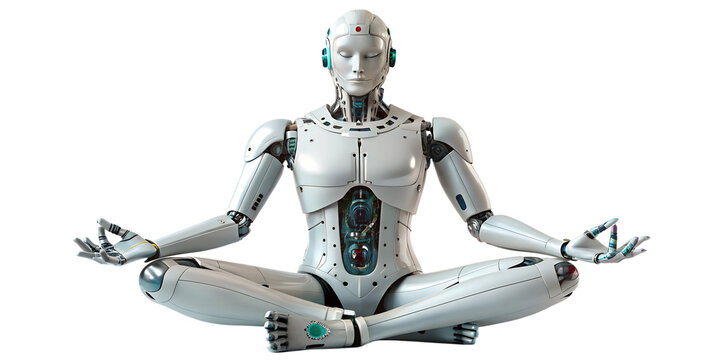 Humanoid robot practices meditation in a serene environment, cut out transparent