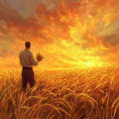 Fototapeta premium Farmer in a Wheat Field: A farmer standing in a golden wheat field, holding a handful of freshly harvested wheat stalks. The sun is setting in the background, casting a warm, golden glow over the scen