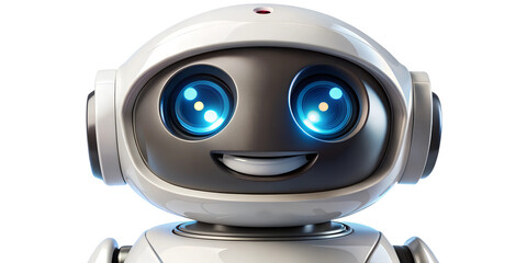 Friendly robot with bright eyes smiling in a futuristic setting, cut out transparent