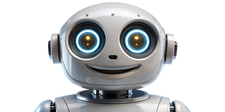 Friendly robot with glowing eyes engages in playful interaction, cut out transparent