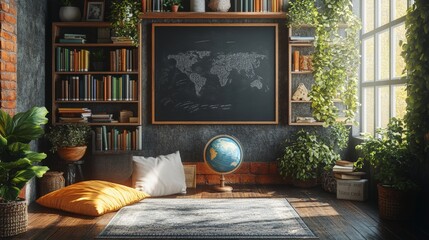 Cozy and Modern Classroom Corner with Blackboard and Books