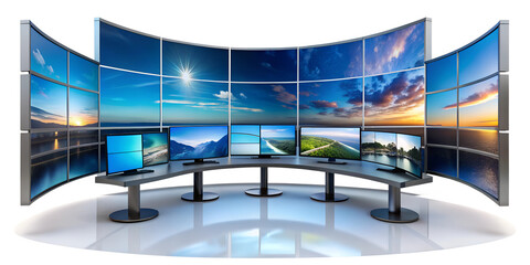 Modern workstation with multiple curved displays showcasing landscapes, cut out transparent