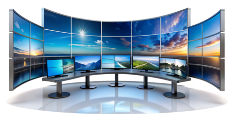 Modern workstation with multiple curved displays showcasing landscapes, cut out transparent