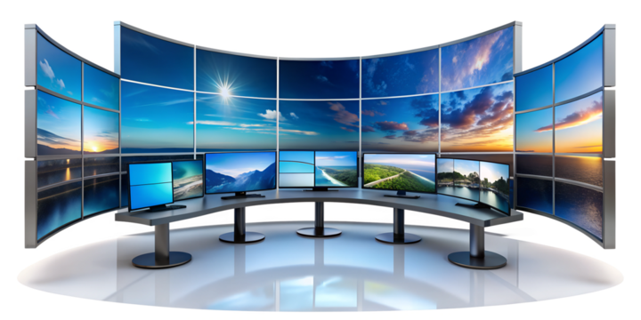Modern workstation with multiple curved displays showcasing landscapes, cut out transparent