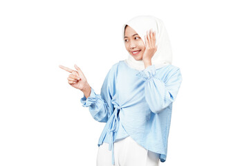 Smiling Hijab girl with Pointing finger isolated transparent