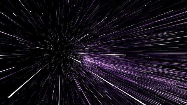 Flying through infinite space of parallel particle tracks. Abstract animation.