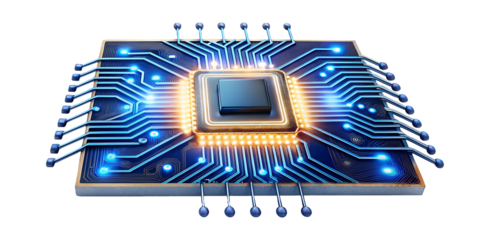 Advanced microchip with glowing circuits, cut out transparent