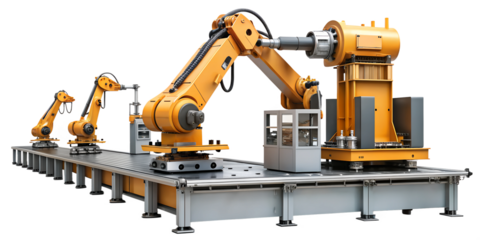 Industrial robotic assembly line in a modern manufacturing facility, cut out transparent