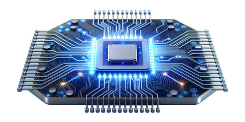 Glowing circuit design on a blue background, cut out transparent