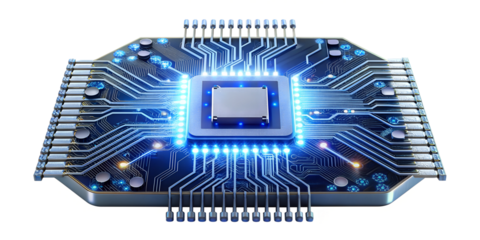 Glowing circuit design on a blue background, cut out transparent