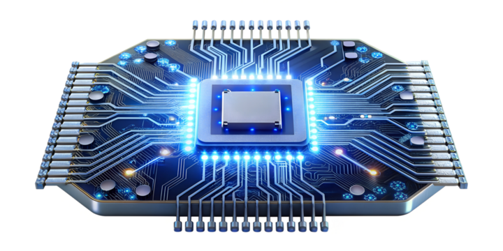 Glowing circuit design on a blue background, cut out transparent
