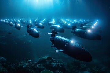 Fototapeta premium A fleet of submarines navigates through the deep blue ocean, showcasing their sleek designs and military prowess, A fleet of autonomous submarines patrolling the ocean depths, Ai generated
