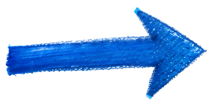 Blue arrow drawn with crayon on white background represents direction, cut out transparent
