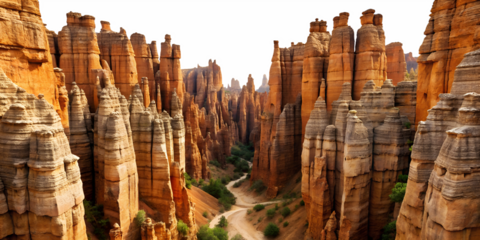 Summer in Kyzylchin Valley: towering rock formations, cut out transparent