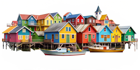 Colorful wooden houses on stilts by the water in a vibrant community, cut out transparent