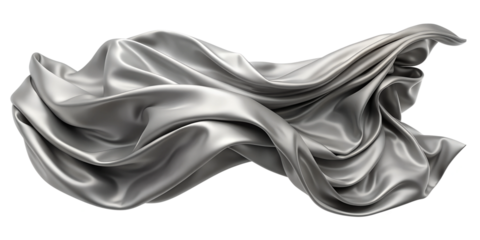 Elegant silver fabric draped artistically on a plain background, cut out transparent