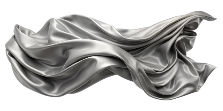 Elegant silver fabric draped artistically on a plain background, cut out transparent
