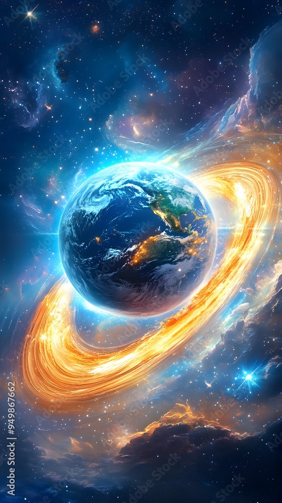 Wall mural Earth In Space With Ring Of Light.