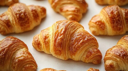 Freshly baked croissants with golden layers against a clean white backdrop