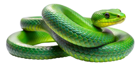 Bright green snake coiling on a white surface in natural light, cut out transparent
