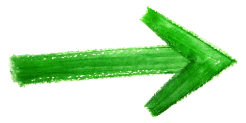 Green arrow drawn with crayon points towards a direction on paper, cut out transparent