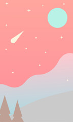 A cartoon landscape illustration featuring trees and a comet