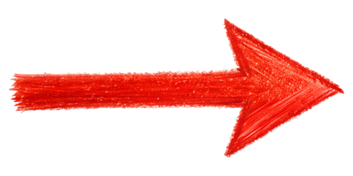 Bright red arrow drawn on white background pointing to the right, cut out transparent